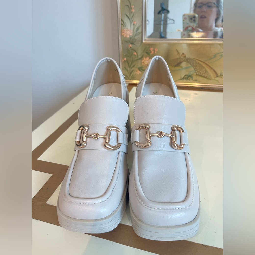 BAMBOO White Loafers with Gold Buckle